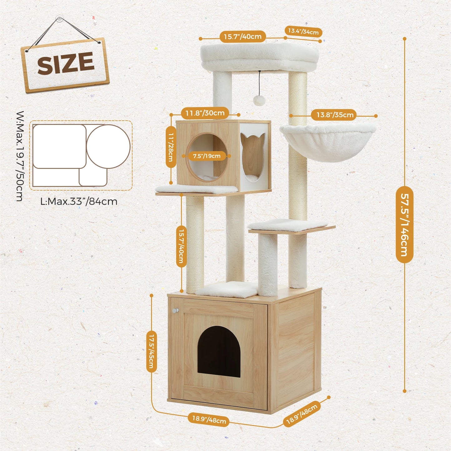 PEQULTIC Cat Tree Tower with Litter Box and Hammock