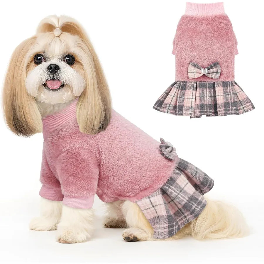 High-Concerned Fleece Dog Sweater Dress With Bowtie