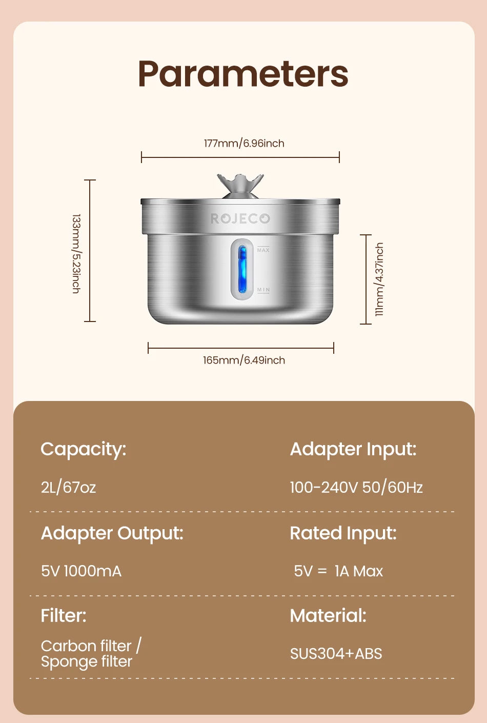 ROJECO Stainless Steel Cat Water Fountain Automatic Pet Drinker Rechargeable