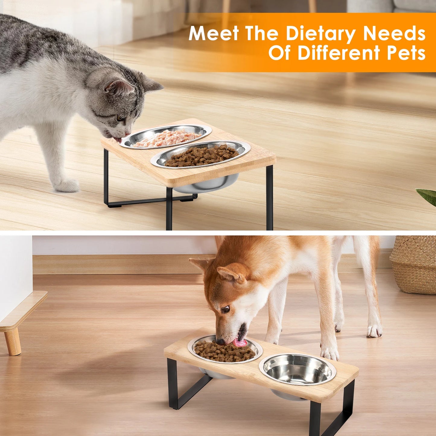 Choice Elevated Cat Bowl Stand Tilted Wood With Bowls