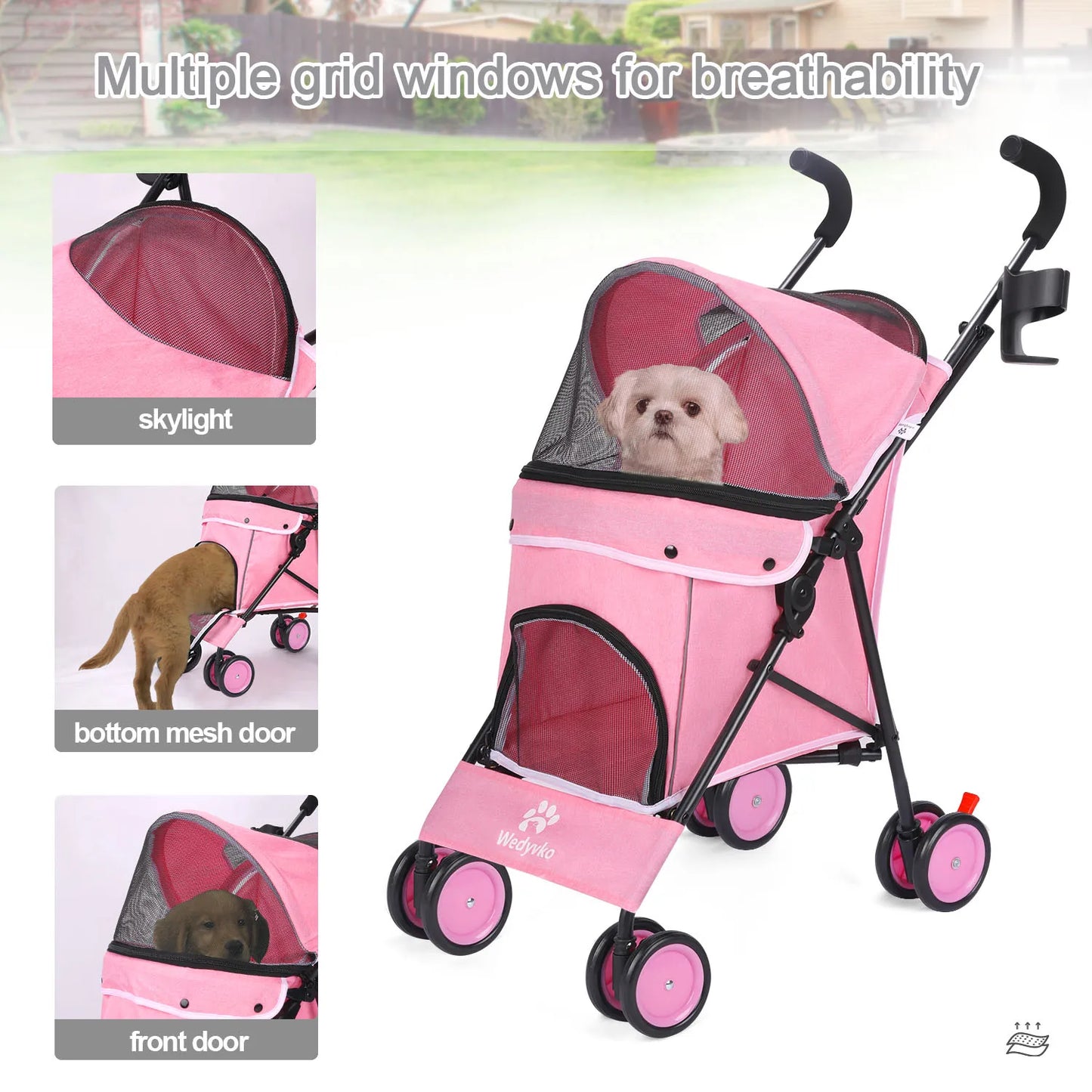 Wedyvko Pet Dog Stroller Four Wheel With Brakes And Storage