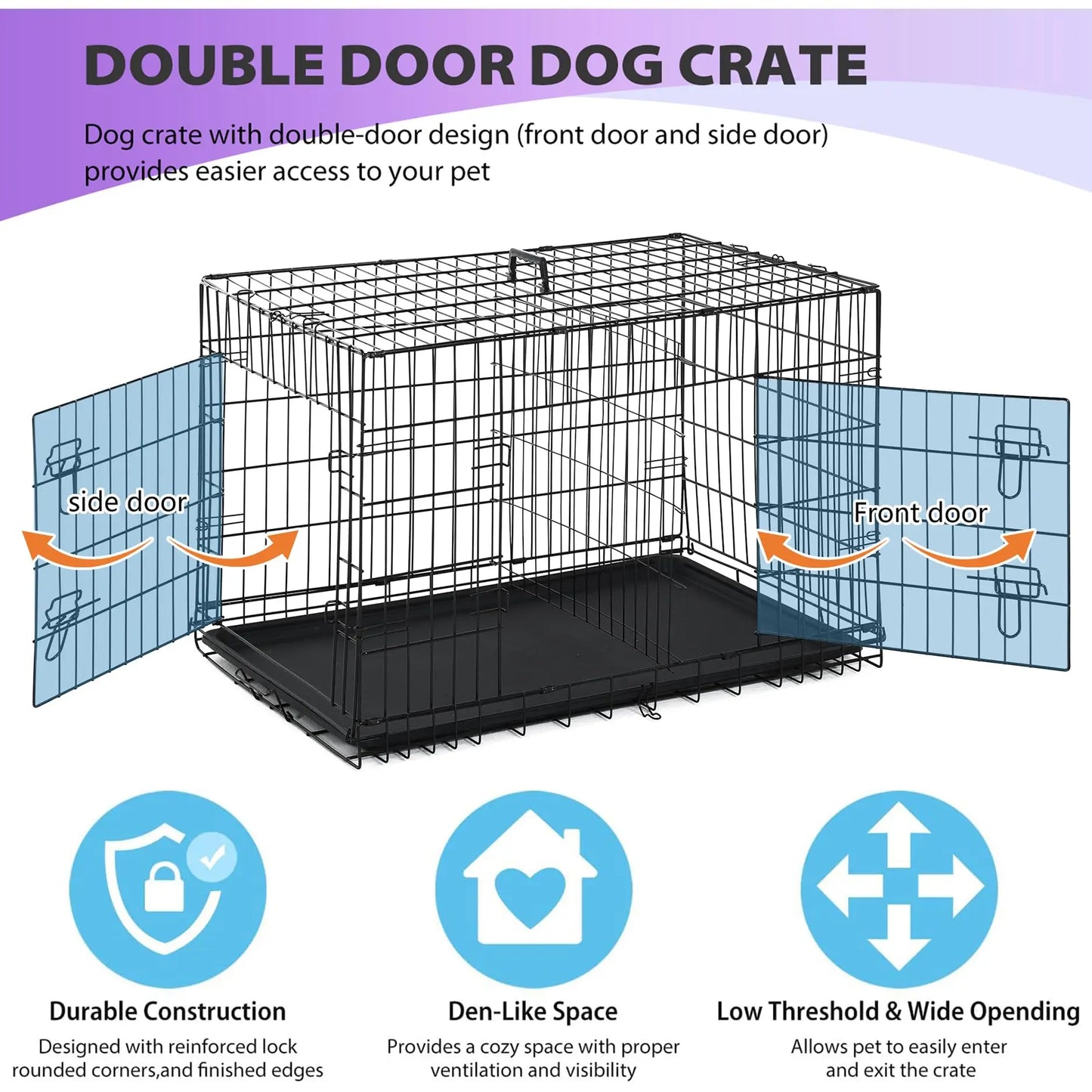 Foldable Dog Crate With Double Doors And Leakproof Tray