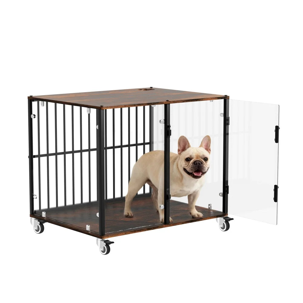 BORWART Rustic Wooden Dog Crate End Table With Tempered Glass