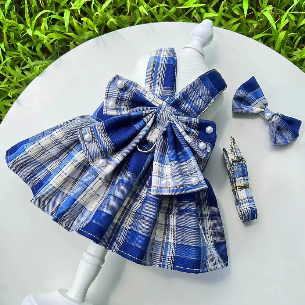 NONECN JK-Style Checkered Pet Dress With Bow Tie Harness