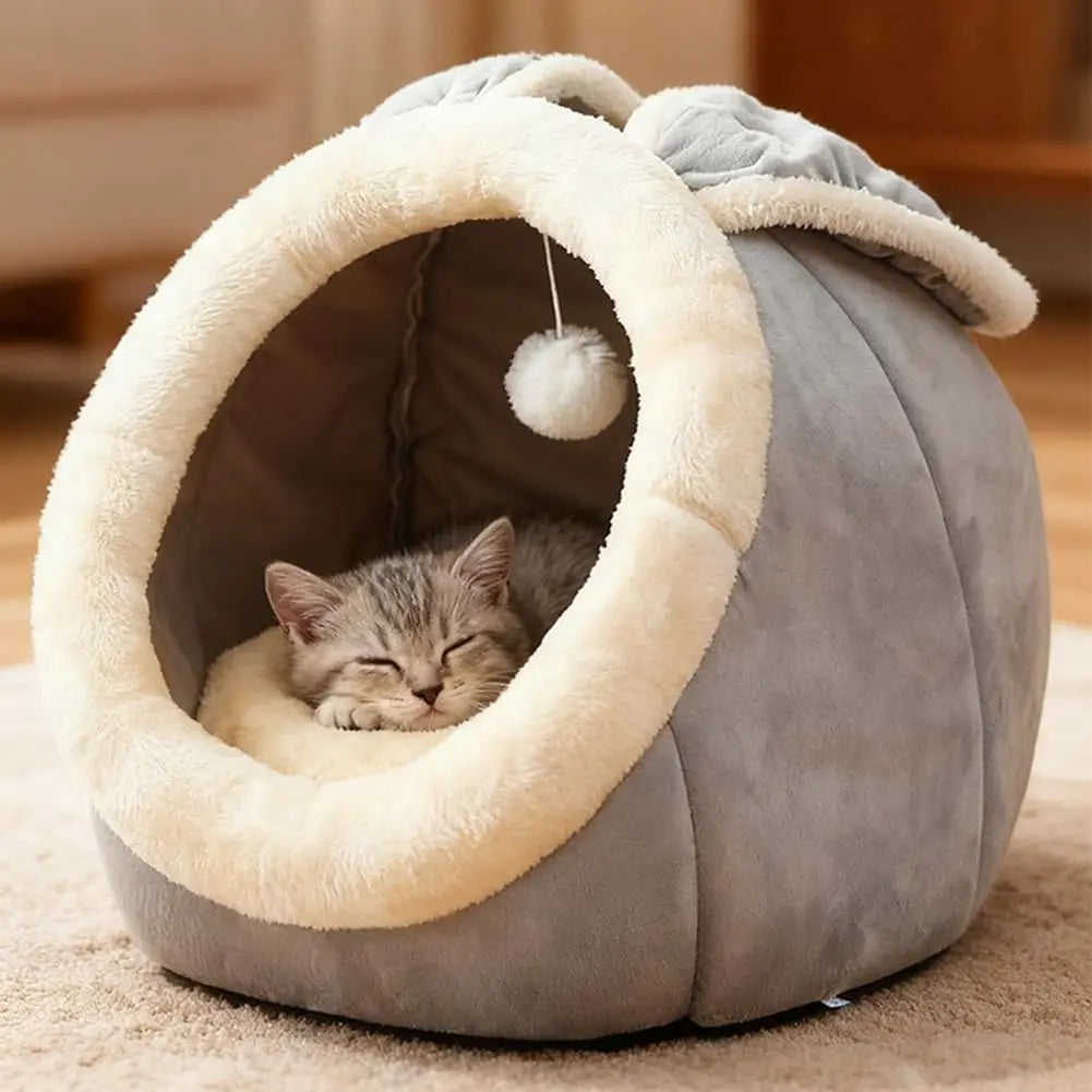 Rabbit Shaped Cat Cave Bed With Hanging Toy Indoor Cats