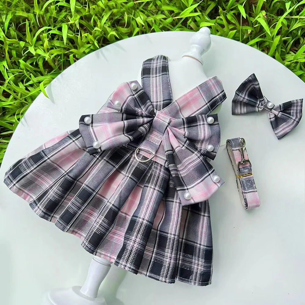 NONECN JK-Style Checkered Pet Dress With Bow Tie Harness