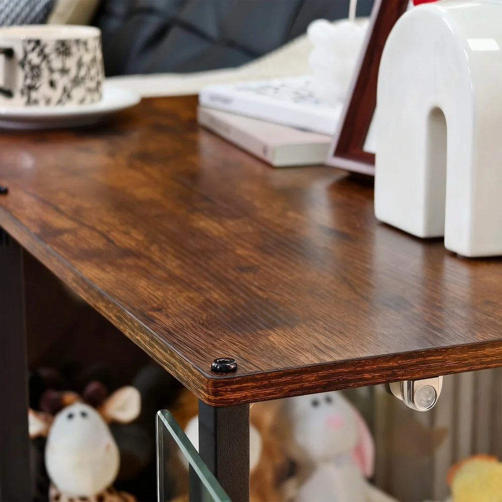 BORWART Rustic Wooden Dog Crate End Table With Tempered Glass