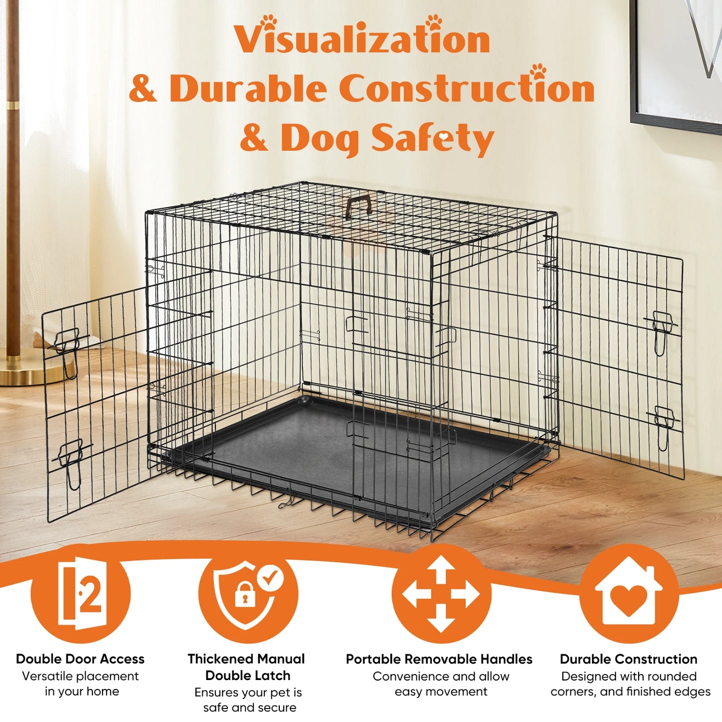 JHK Double Door Folding Metal Wire Dog Cage With Leak Tray
