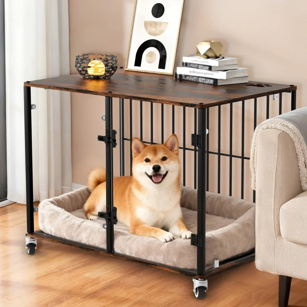 BORWART Rustic Wooden Dog Crate End Table With Tempered Glass