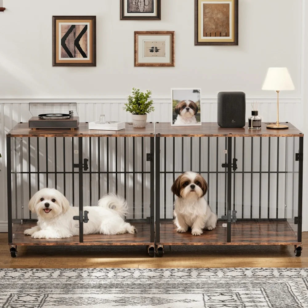 BORWART Rustic Wooden Dog Crate End Table With Tempered Glass
