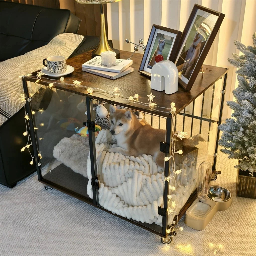 BORWART Rustic Wooden Dog Crate End Table With Tempered Glass