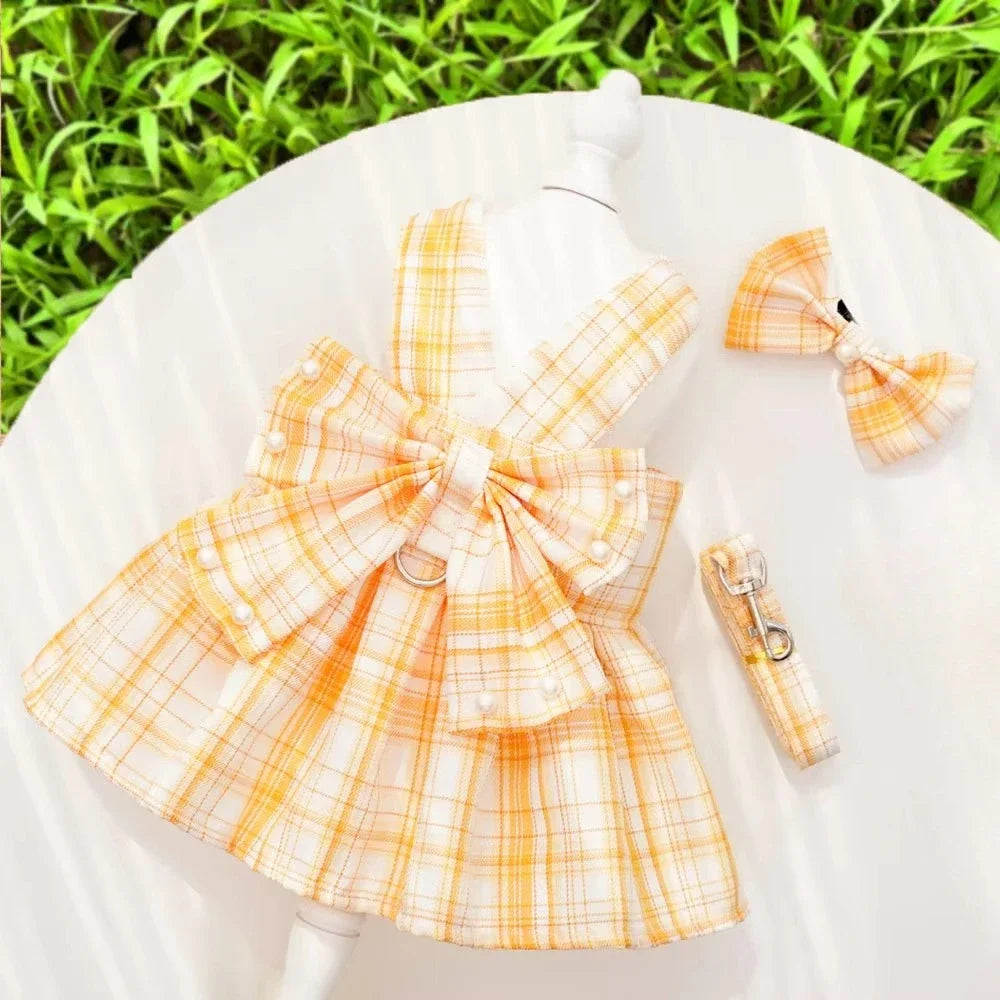 NONECN JK-Style Checkered Pet Dress With Bow Tie Harness