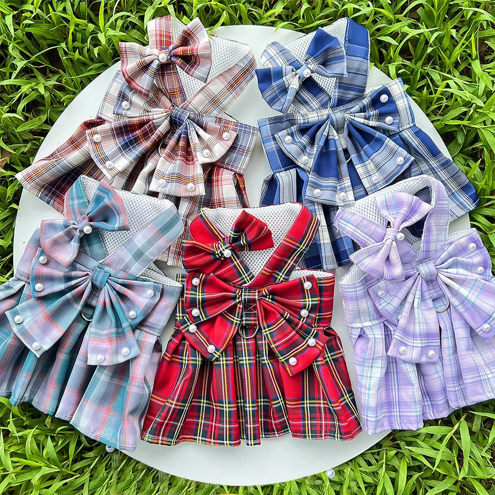 NONECN JK-Style Checkered Pet Dress With Bow Tie Harness