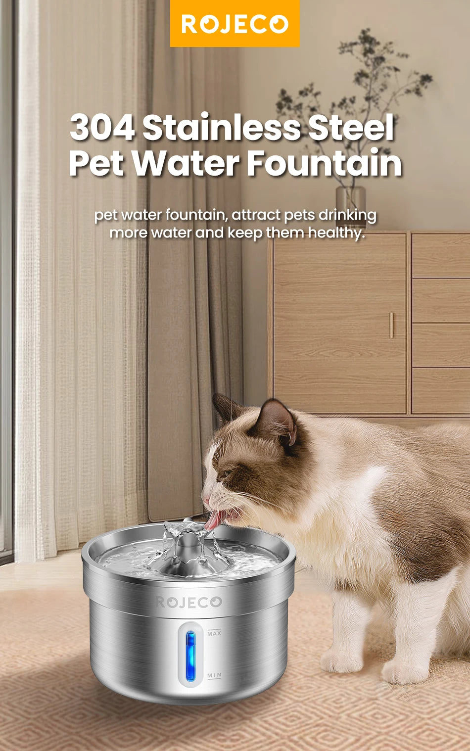 ROJECO Stainless Steel Cat Water Fountain Automatic Pet Drinker Rechargeable