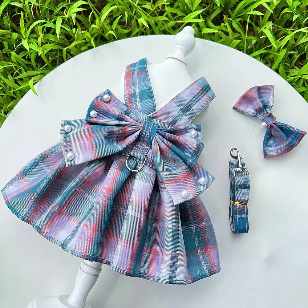 NONECN JK-Style Checkered Pet Dress With Bow Tie Harness