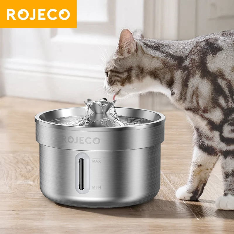 ROJECO Stainless Steel Cat Water Fountain Automatic Pet Drinker Rechargeable