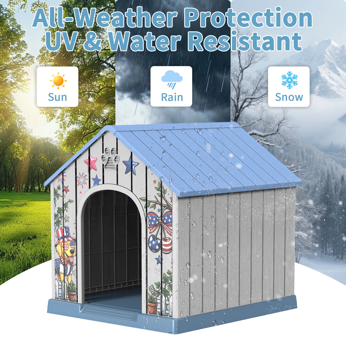 Outdoor Weatherproof Plastic Dog House with Printed Door