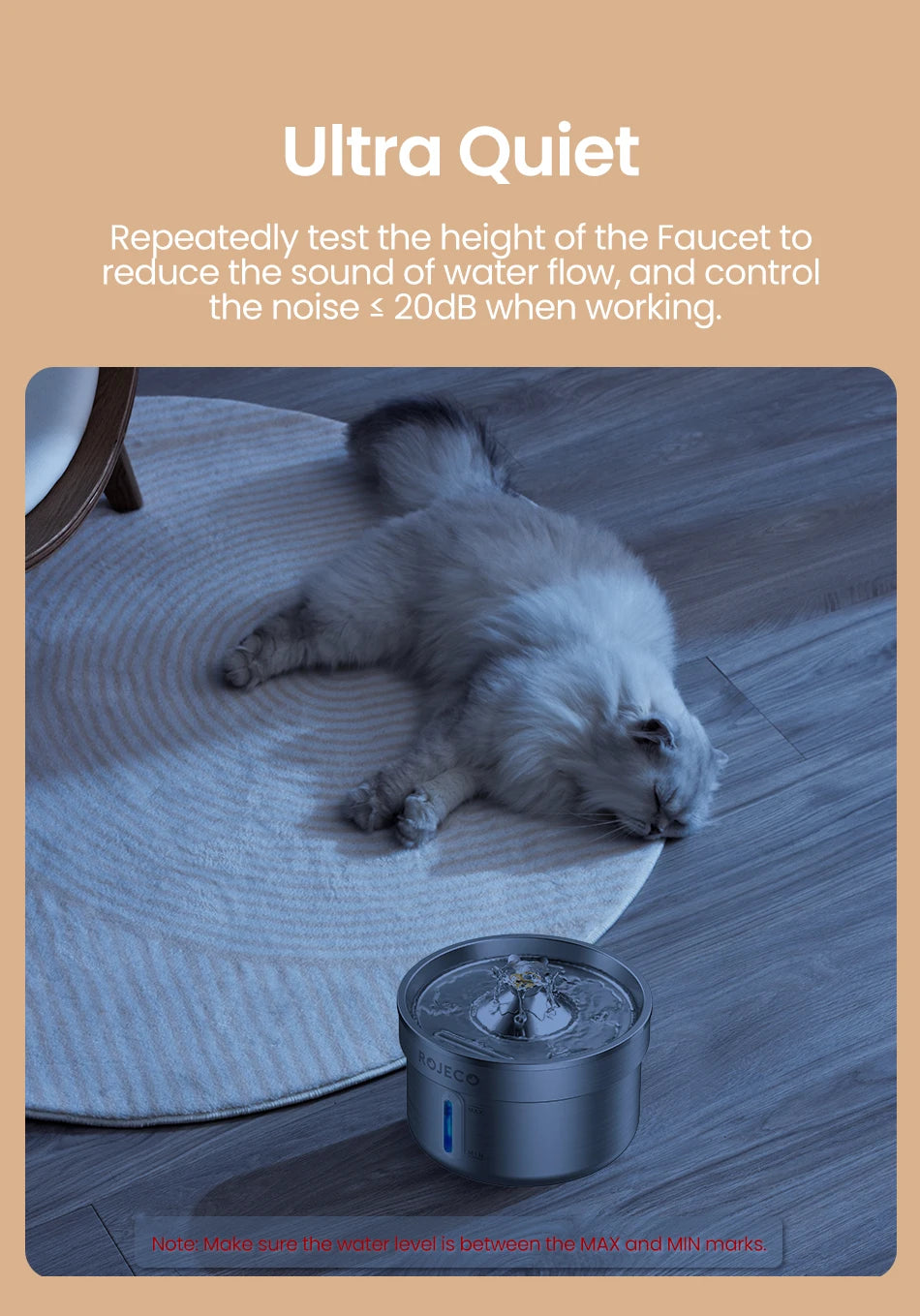 ROJECO Stainless Steel Cat Water Fountain Automatic Pet Drinker Rechargeable