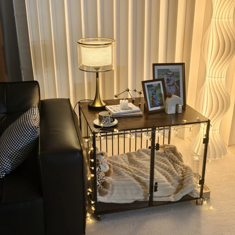 BORWART Rustic Wooden Dog Crate End Table With Tempered Glass