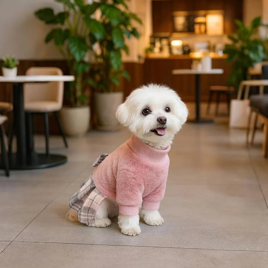 High-Concerned Fleece Dog Sweater Dress With Bowtie