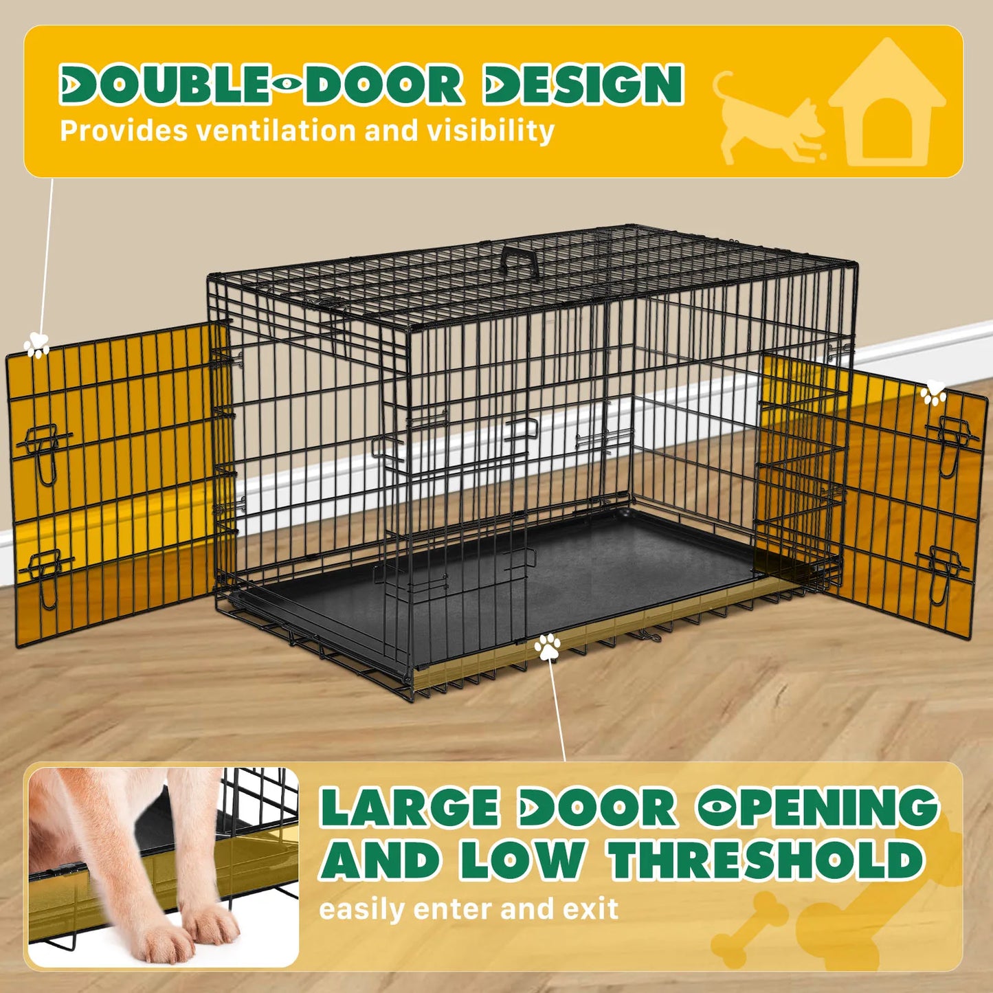 JHK Double Door Folding Metal Wire Dog Cage With Leak Tray