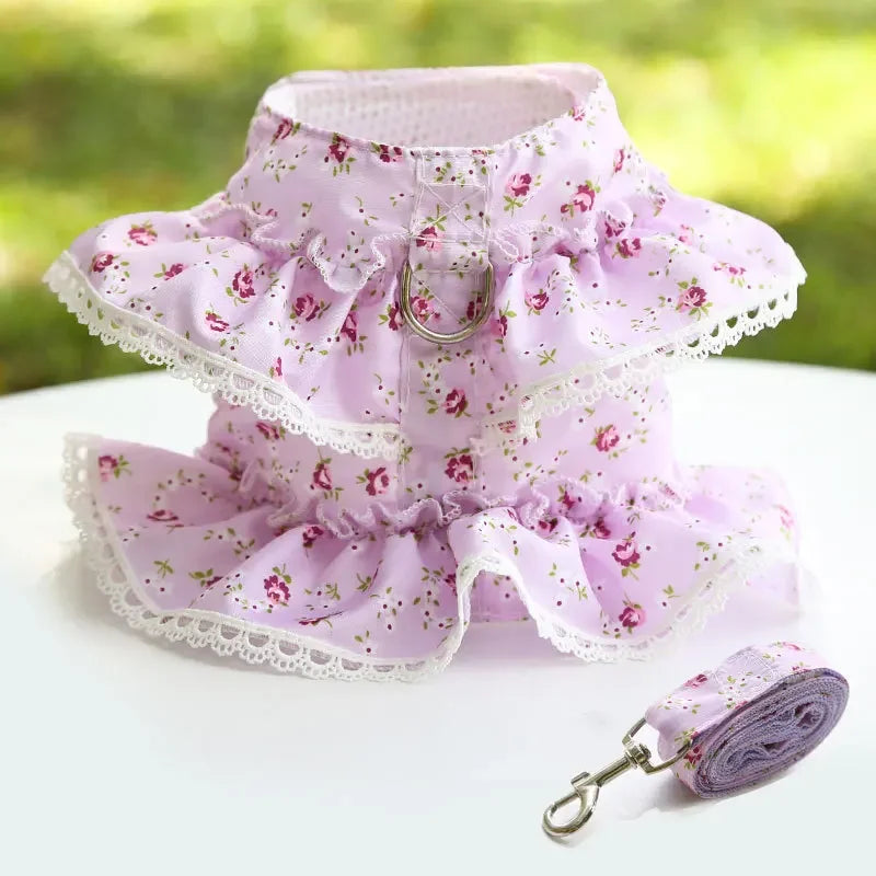 Dog Cat Harness Leash Set Adjustable Floral Printed Lace Vest