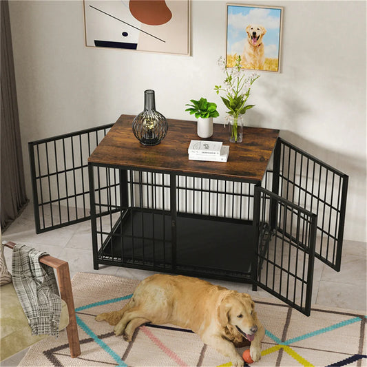 Borwar Large Wooden Dog Crate End Table With Lattice Playpen