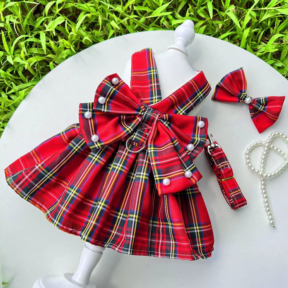 NONECN JK-Style Checkered Pet Dress With Bow Tie Harness