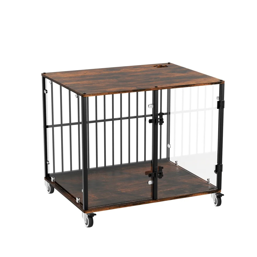 BORWART Rustic Wooden Dog Crate End Table With Tempered Glass