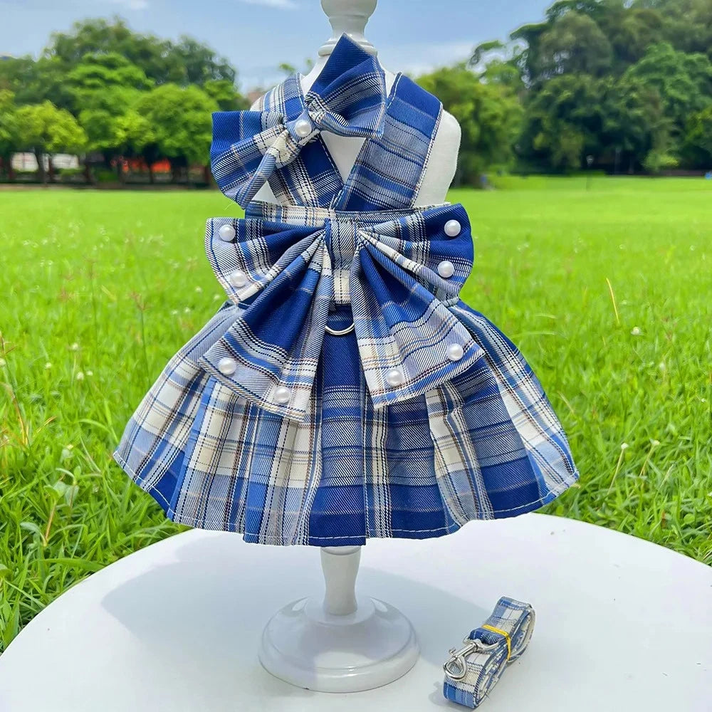 NONECN JK-Style Checkered Pet Dress With Bow Tie Harness