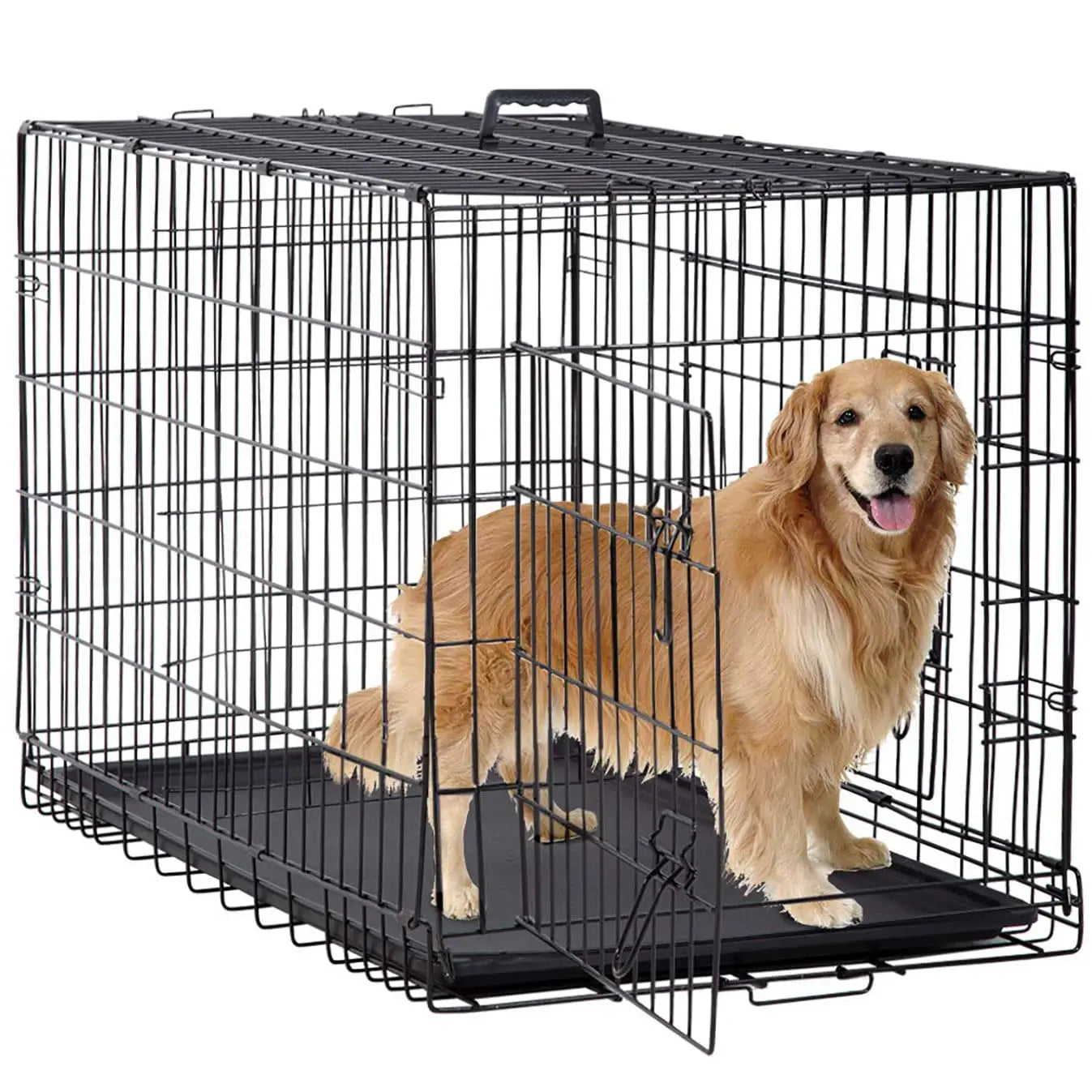 Foldable Dog Crate With Double Doors And Leakproof Tray