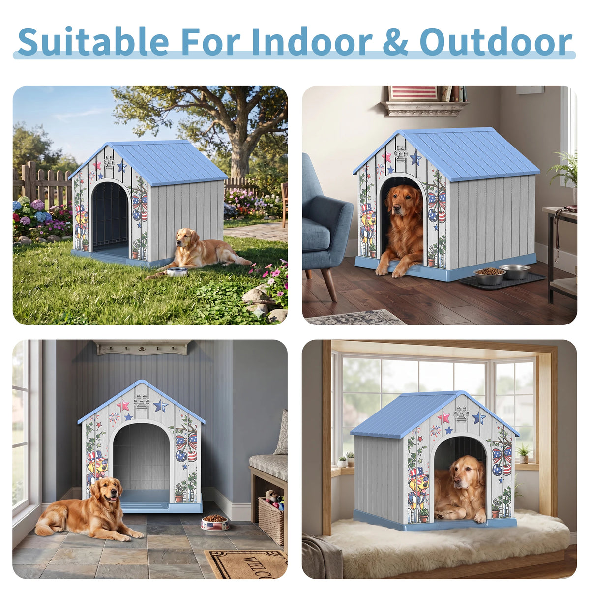 Outdoor Weatherproof Plastic Dog House with Printed Door