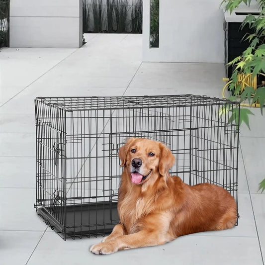 Folding Metal Wire Dog Crate With Divider Panel Double Doors