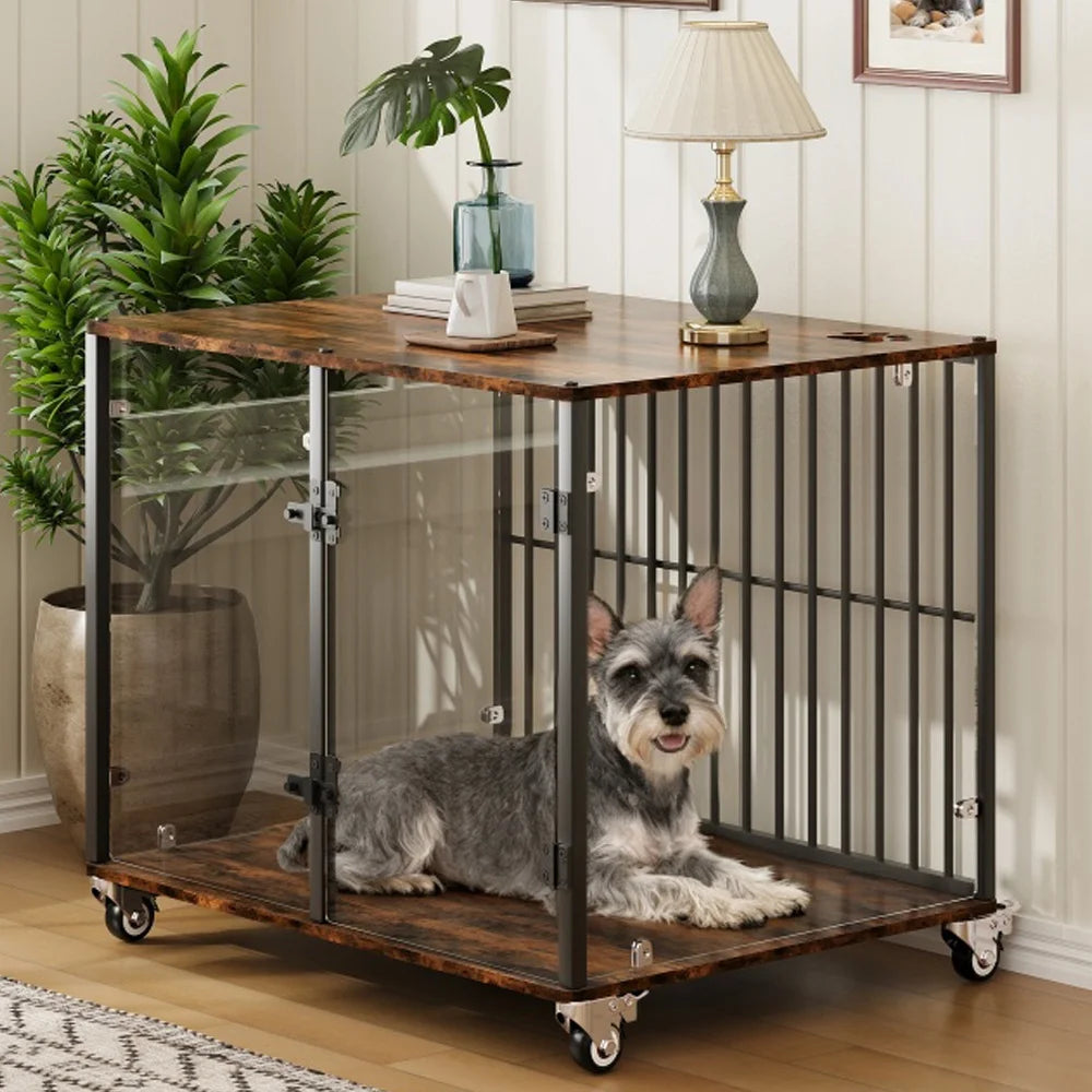 BORWART Rustic Wooden Dog Crate End Table With Tempered Glass
