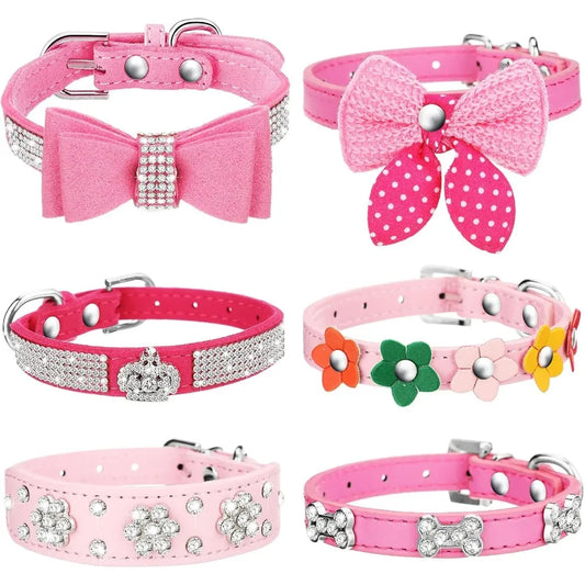 High Concerned Puppy Collars Rhinestone Bowtie Crown Flower Bling Set