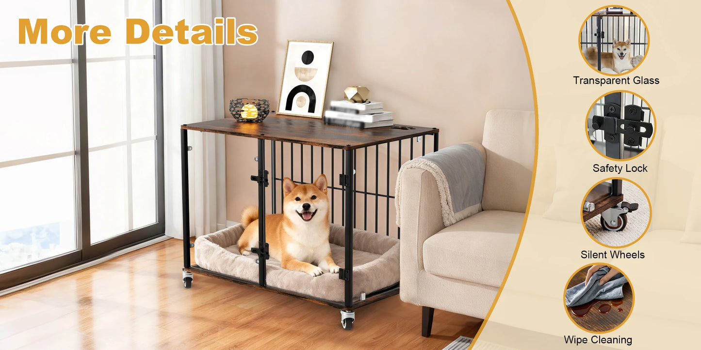 BORWART Rustic Wooden Dog Crate End Table With Tempered Glass