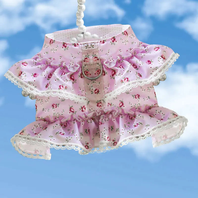 Dog Cat Harness Leash Set Adjustable Floral Printed Lace Vest
