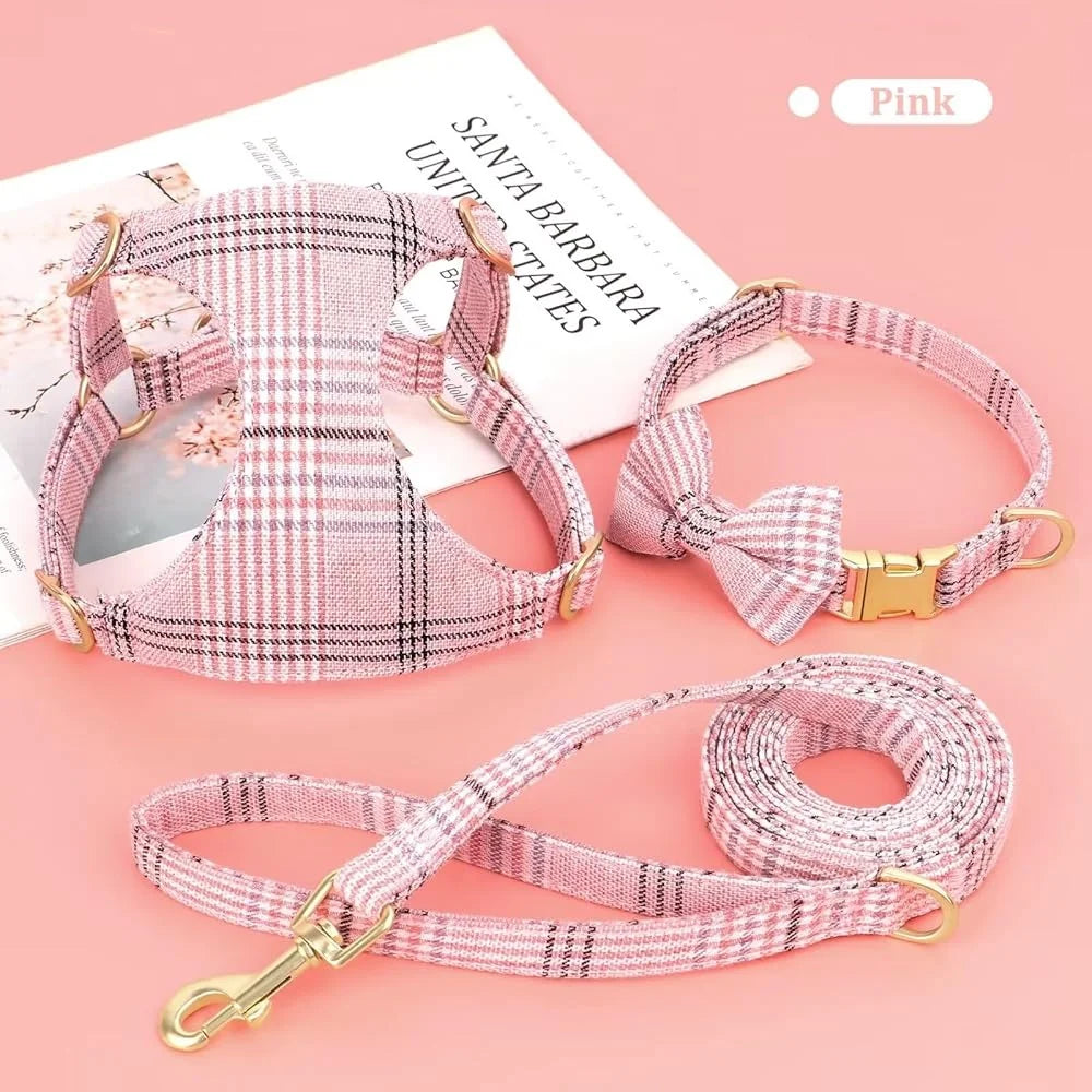 Fujian Dog Harness Leash Set Plaid Design For Walks