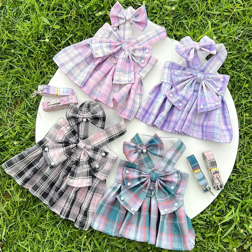 NONECN JK-Style Checkered Pet Dress With Bow Tie Harness