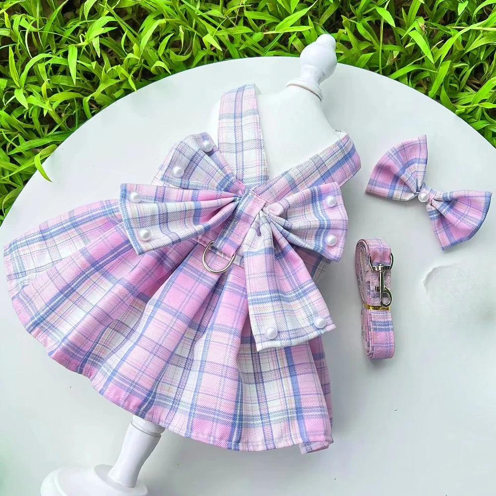 NONECN JK-Style Checkered Pet Dress With Bow Tie Harness