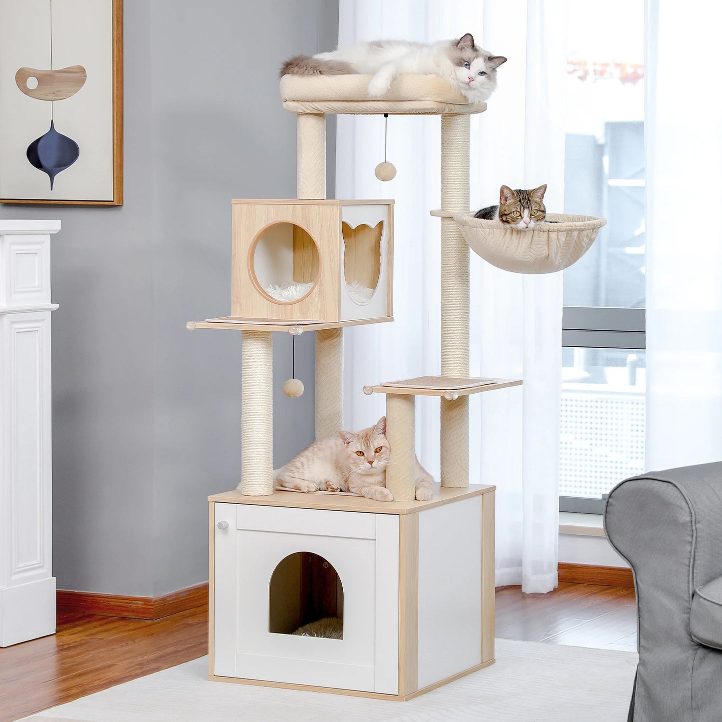 PEQULTIC Cat Tree Tower with Litter Box and Hammock