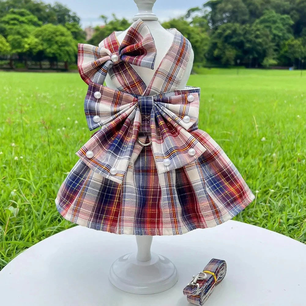 NONECN JK-Style Checkered Pet Dress With Bow Tie Harness