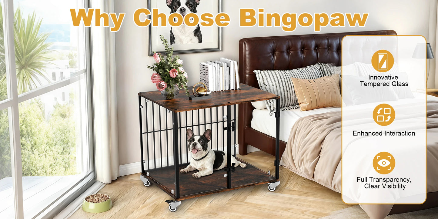 BORWART Rustic Wooden Dog Crate End Table With Tempered Glass