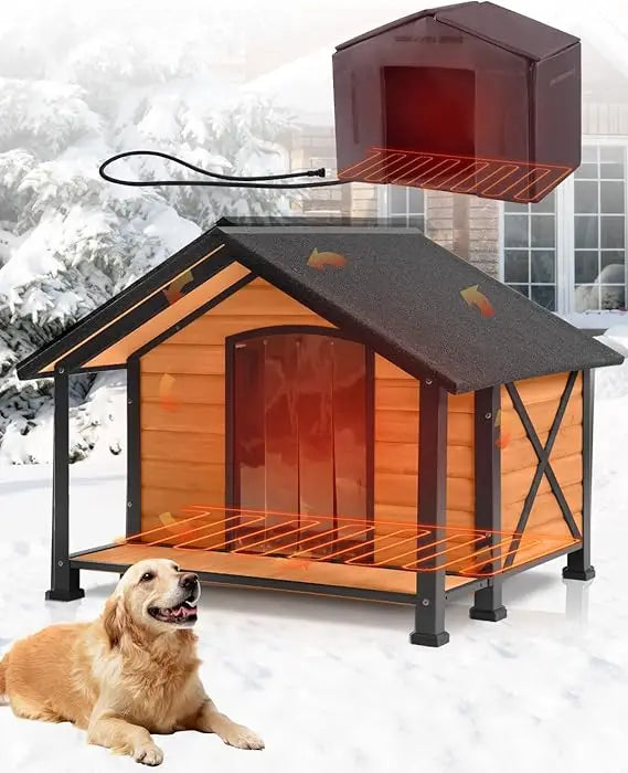 Heated Outdoor Dog House With Insulated Kennel And Iron Frame