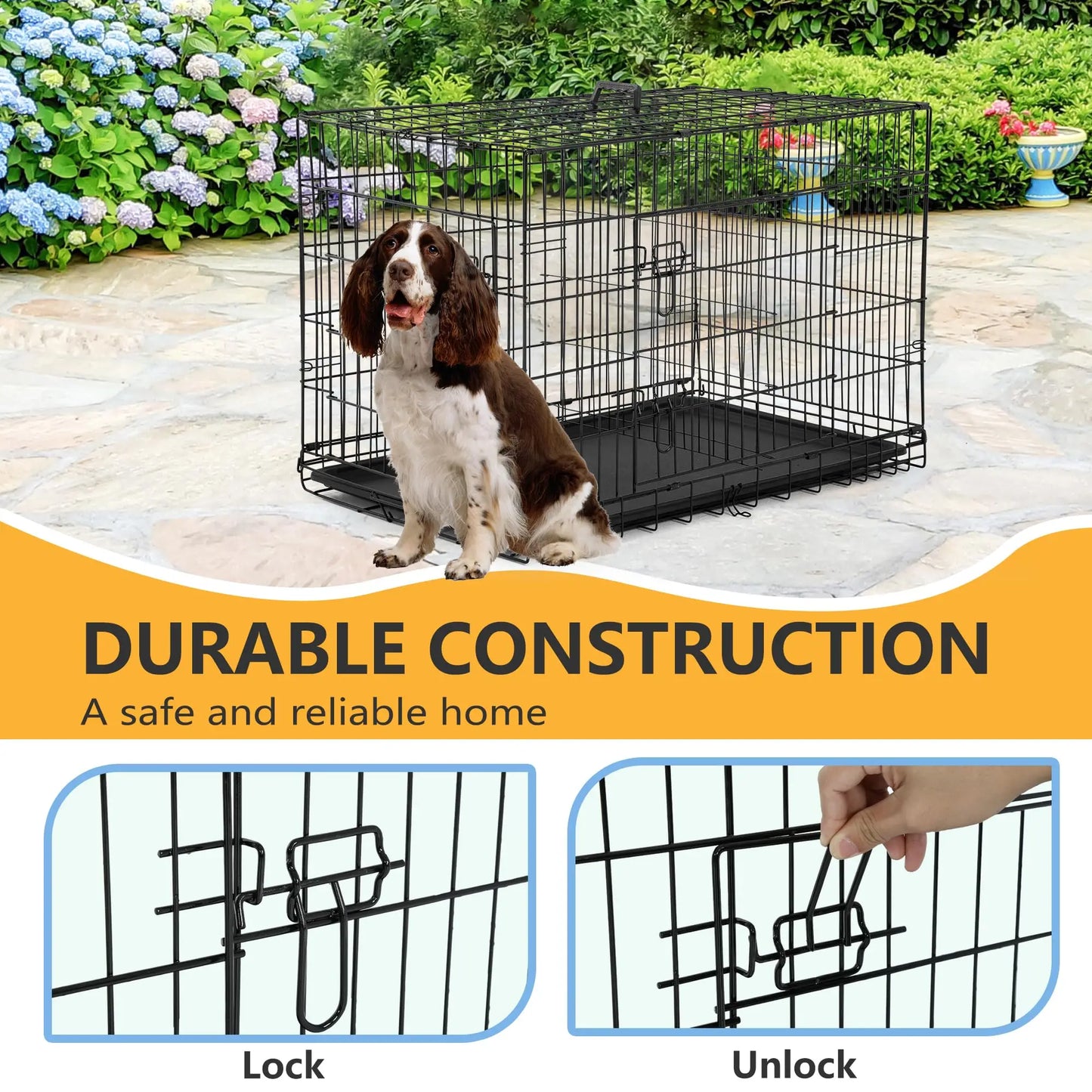 Durable Folding Dog Crate With Double Door Kennel Tray Divider