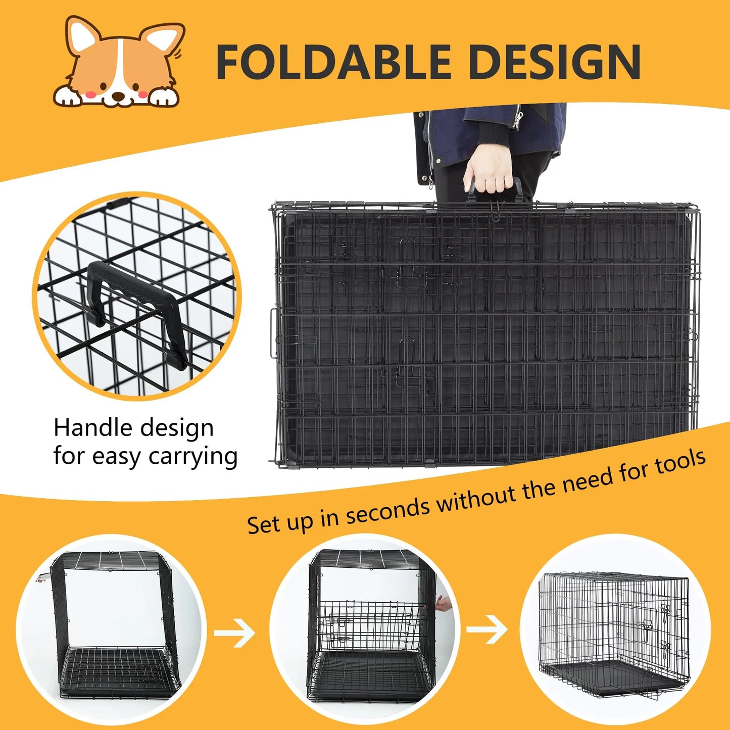 Durable Folding Dog Crate With Double Door Kennel Tray Divider