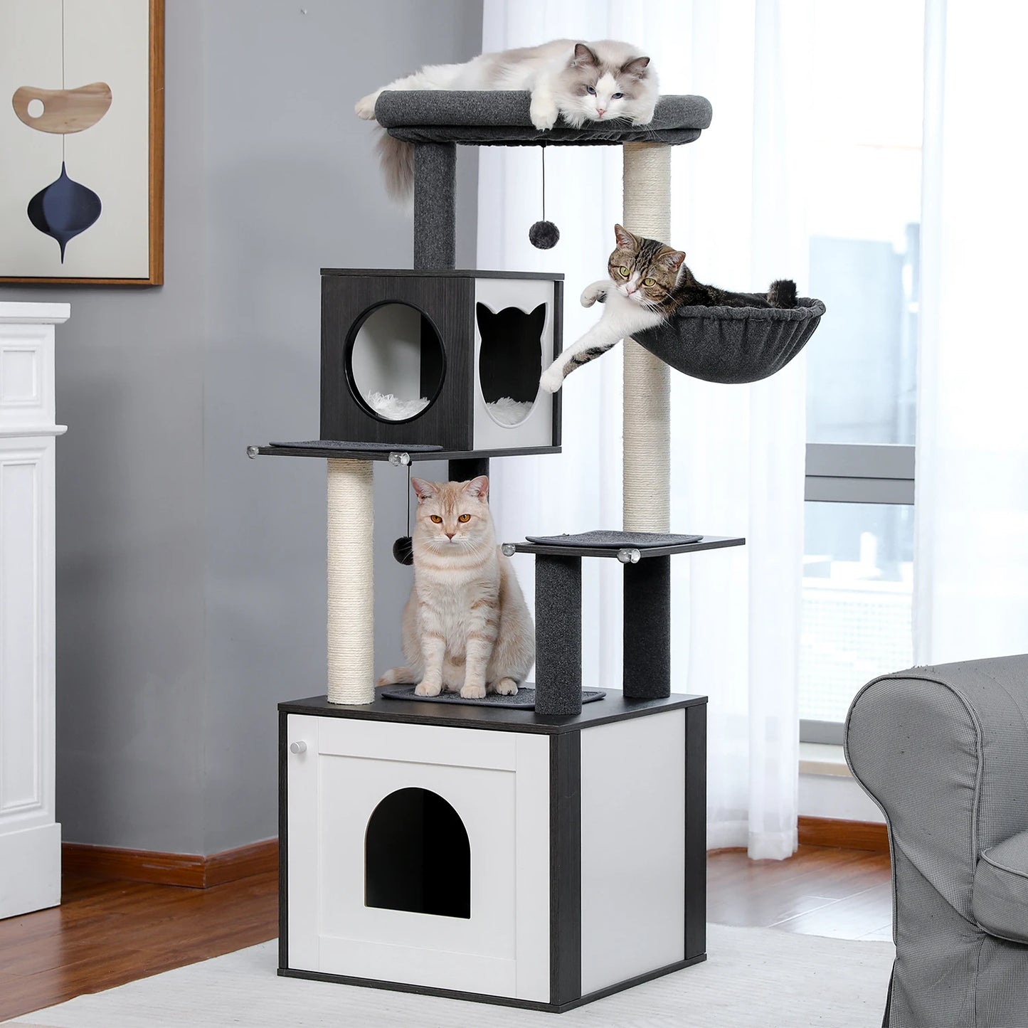 PEQULTIC Cat Tree Tower with Litter Box and Hammock