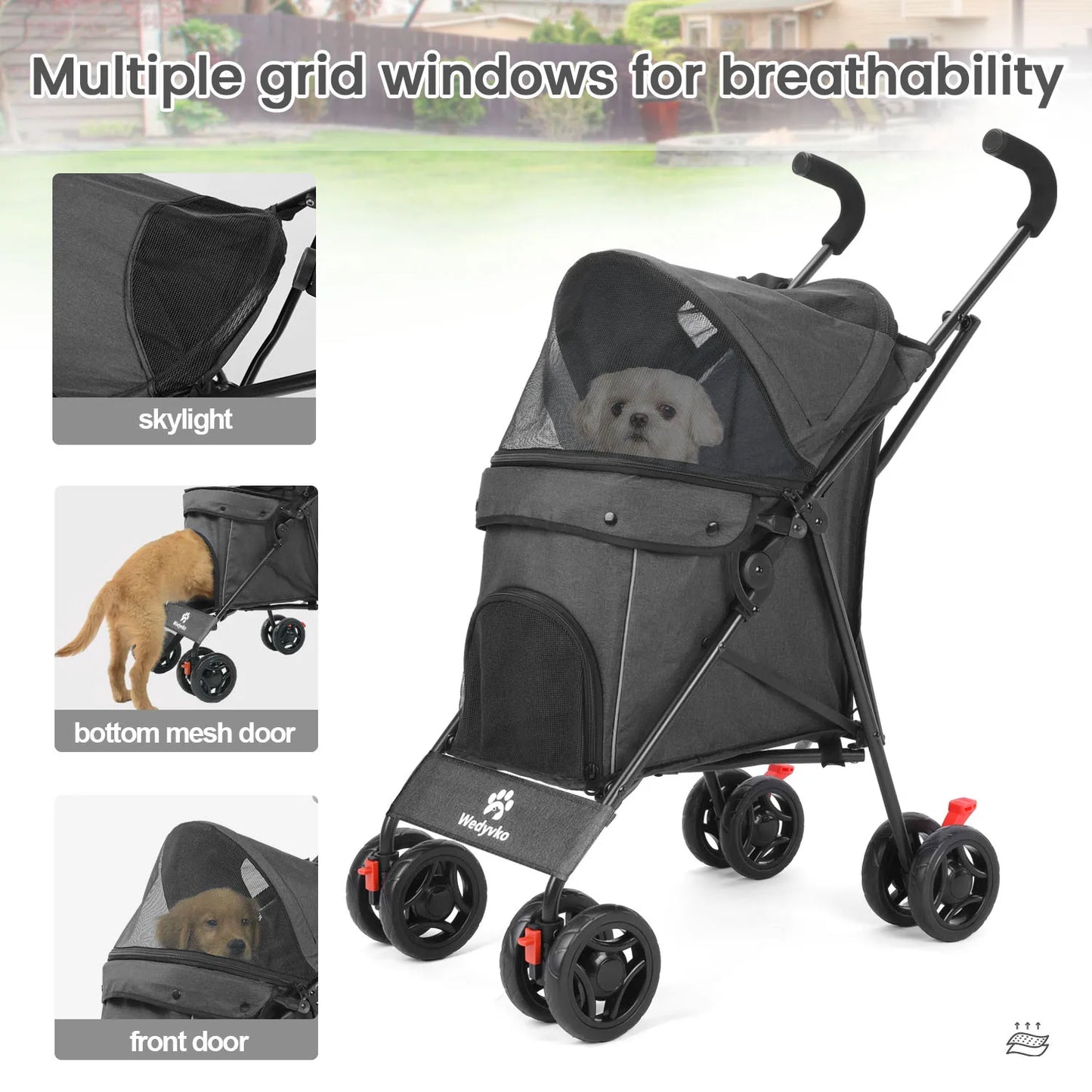 Wedyvko Pet Dog Stroller Four Wheel With Brakes And Storage