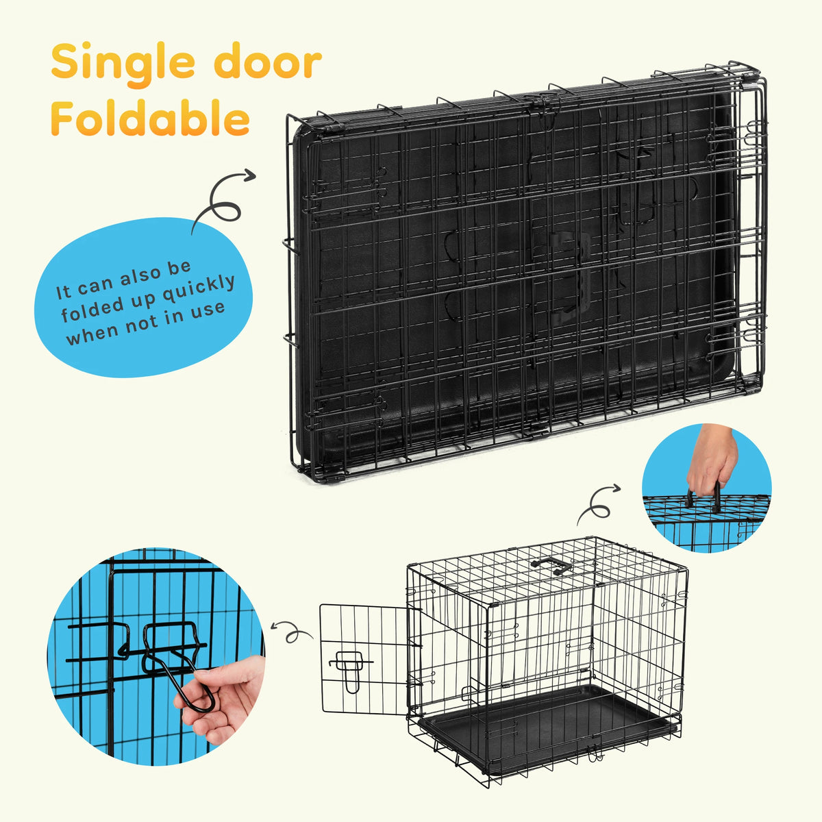JHK 30 Inch Single Door Folding Wire Metal Dog Kennel with Pan Tray