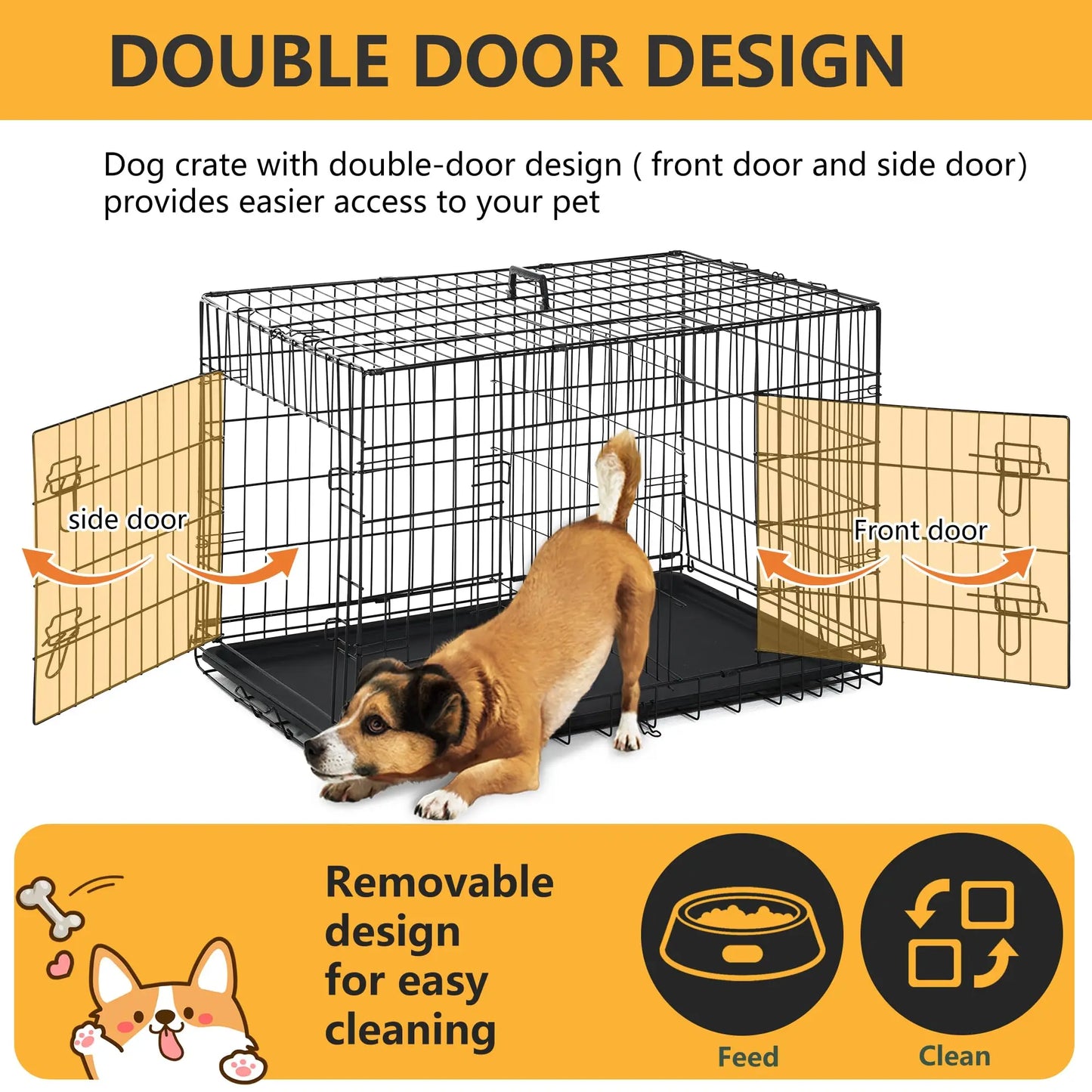 Durable Folding Dog Crate With Double Door Kennel Tray Divider